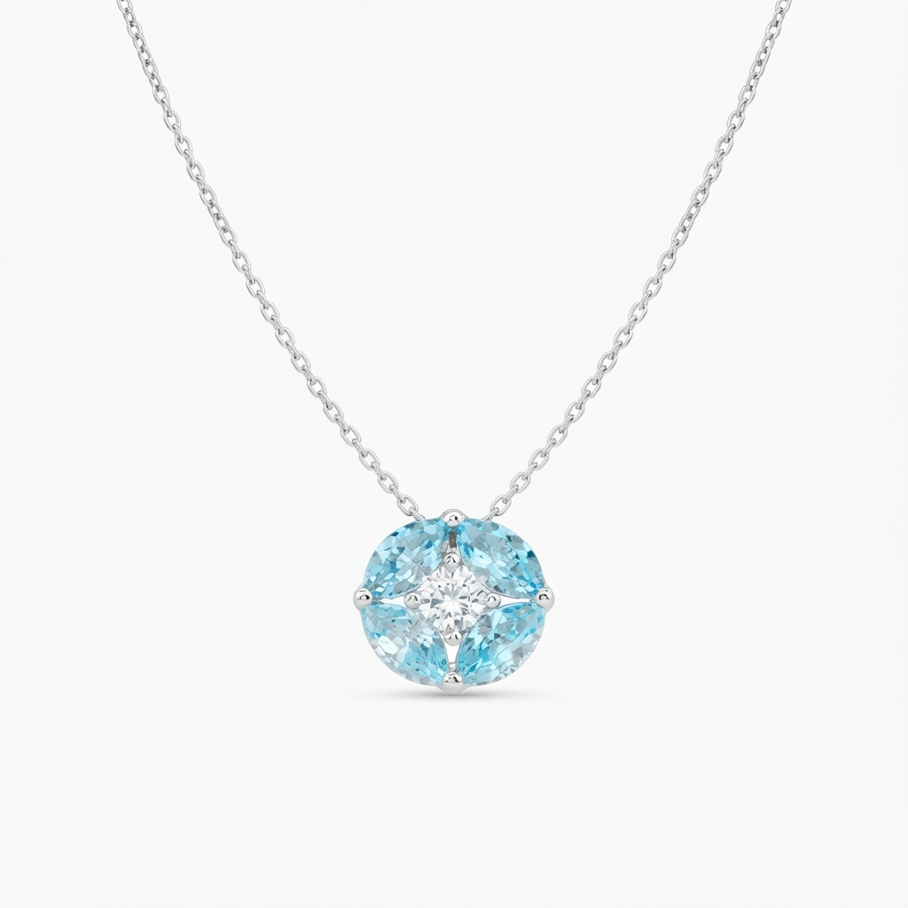 Collana in Argento 925 con zirconi acquamarina e zircone bianco - Rodio - Lungh. 40 + 5 cm