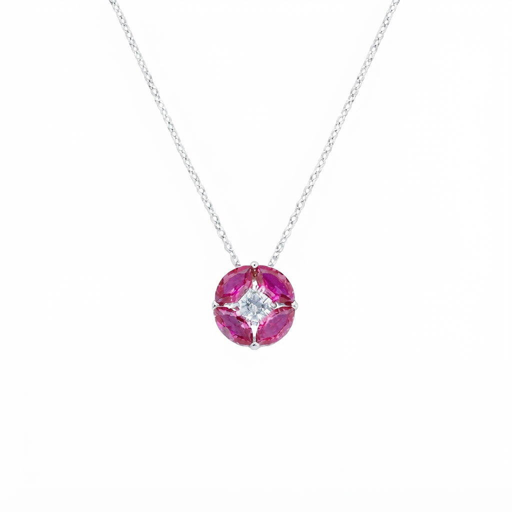 Collana in Argento 925 con zircone rosso ciliegia e zircone bianco - Rodio - Lungh. 40 + 5 cm