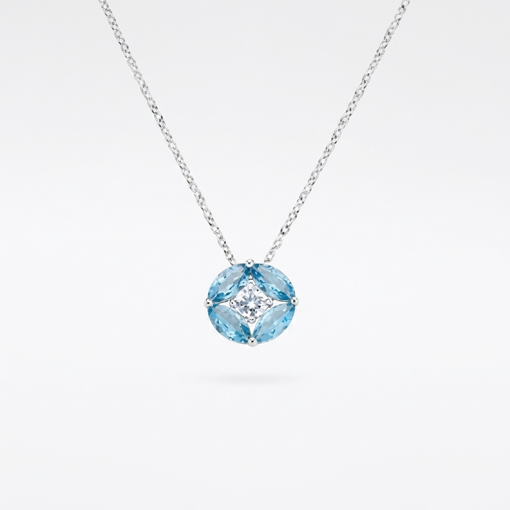 Collana in Argento 925 con zirconi london blue e zircone bianco - Rodio - Lungh. 40 + 5 cm
