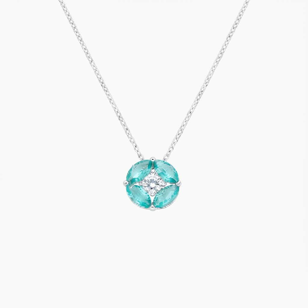 Collana in Argento 925 con zirconi verde acqua e zicone bianco - Rodio - Lungh. 40 + 5 cm