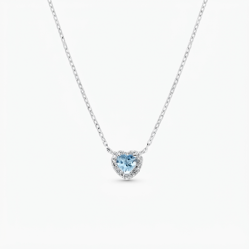 Collana in Argento 925 con zircone acquamaria e zirconi bianchi - Rodio - Lungh. 40 + 5 cm