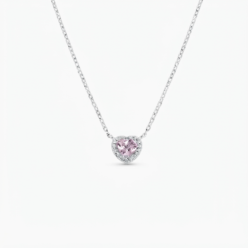 Collana in Argento 925 con zircone morganite e zirconi bianchi - Rodio - Lungh. 40 + 5 cm