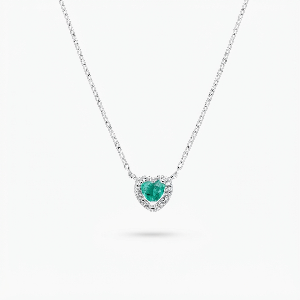 Collana in Argento 925 con zircone verde acqua e zirconi bianchi - Rodio - Lungh. 40 + 5 cm