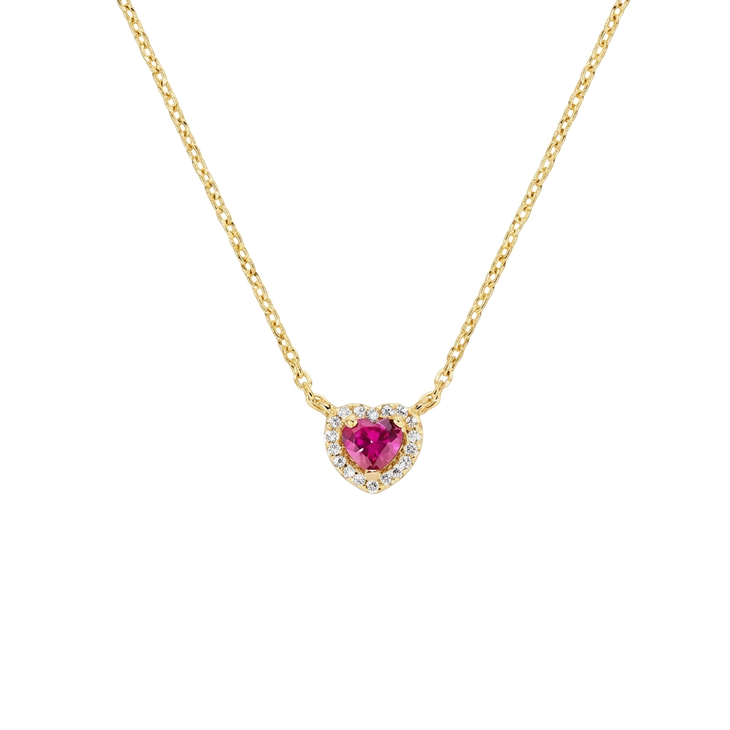 Collana in Argento 925 con zircone rosso e zirconi bianchi - Oro - Lungh. 40 + 5 cm