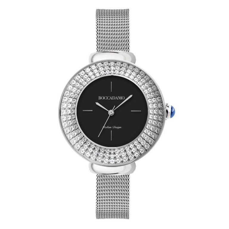 Orologio da polso donna silver, quadrante nero con triplice filo di Swarovski e corona cabochon Default Title