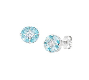 Orecchini in Argento 925 con zirconi acquamarina e bianchi - Rodio - Ø 7 mm