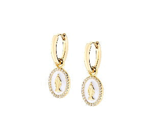 Orecchini in Argento 925 con smalto bianco perla e zirconi bianchi - Oro - Lungh. 2,3 cm