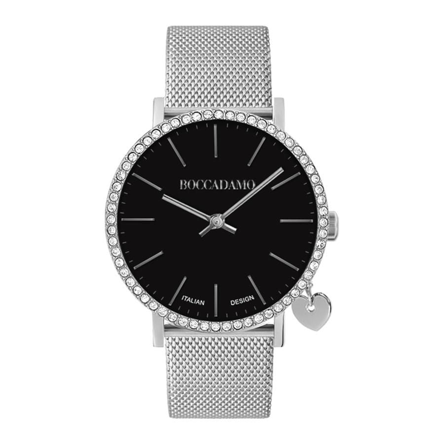 Orologio donna con quadrante nero,  cristalli Swarovski, charm laterale e cinturuno maglia mesh silver Default Title