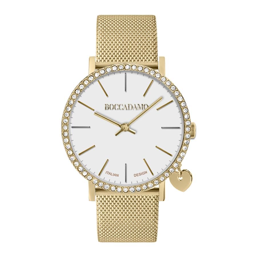 Orologio donna con cristalli Swarovski, charm laterale e cinturuno maglia mesh dorata Default Title