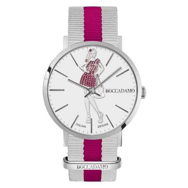 Orologio da donna con quadrante bianco e bambolina Mya in Swarovski rosa e fucsia Default Title
