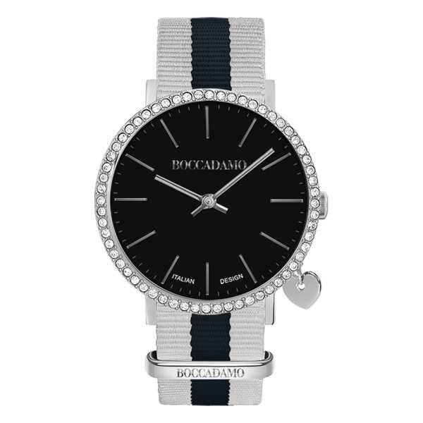 Orologio donna con quadrante nero, cassa in Swarovski, charm laterale e cinturino in nylon Default Title