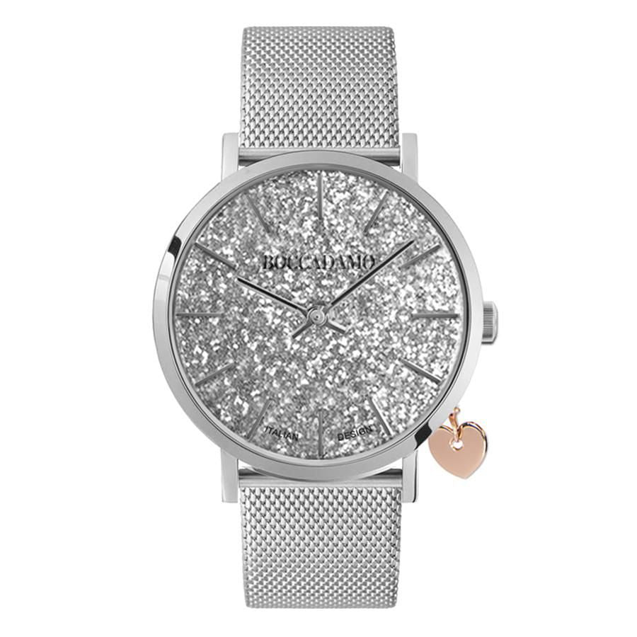 Orologio donna con quadrante in glitter silver, cinturino maglia Milano e charm rosato laterale Default Title