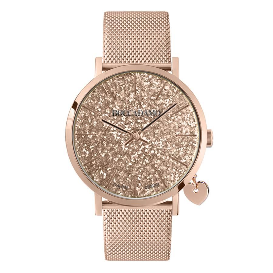 Orologio donna con quadrante in glitter rosato, cinturino maglia Milano e charm laterale Default Title
