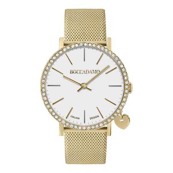 Orologio donna in acciaio dorato con quadrante bianco, cassa in Swarovski e charm laterale Default Title