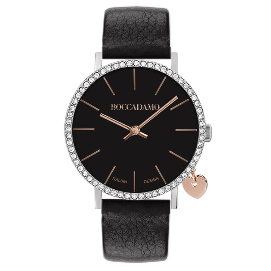 Orologio donna con cinturino in pelle nera, cassa in Swarovski e charm laterale Default Title