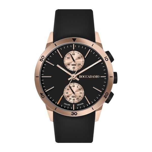 Orologio crono con quadrante nero, cassa rosata e cinturino nero Default Title