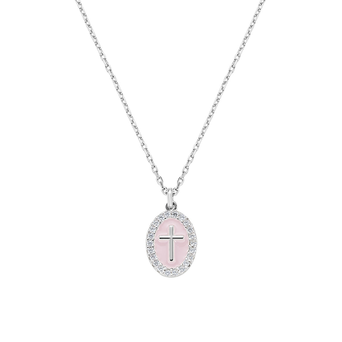 Collana Croce su Medaglia Smaltata Rodio Rosa