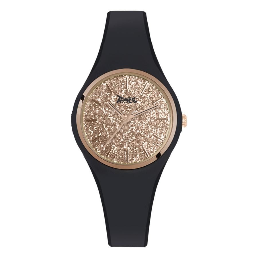 Orologio donna in silicone anallergico nero con quadrante in glitter rosato Default Title