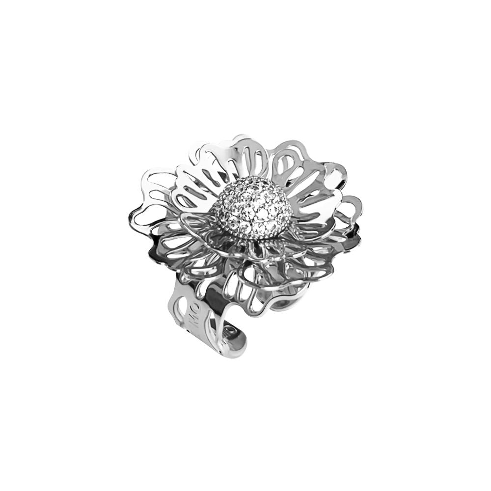 Anello rodiato con rosa selvatica tridimensionale e zirconi Default Title