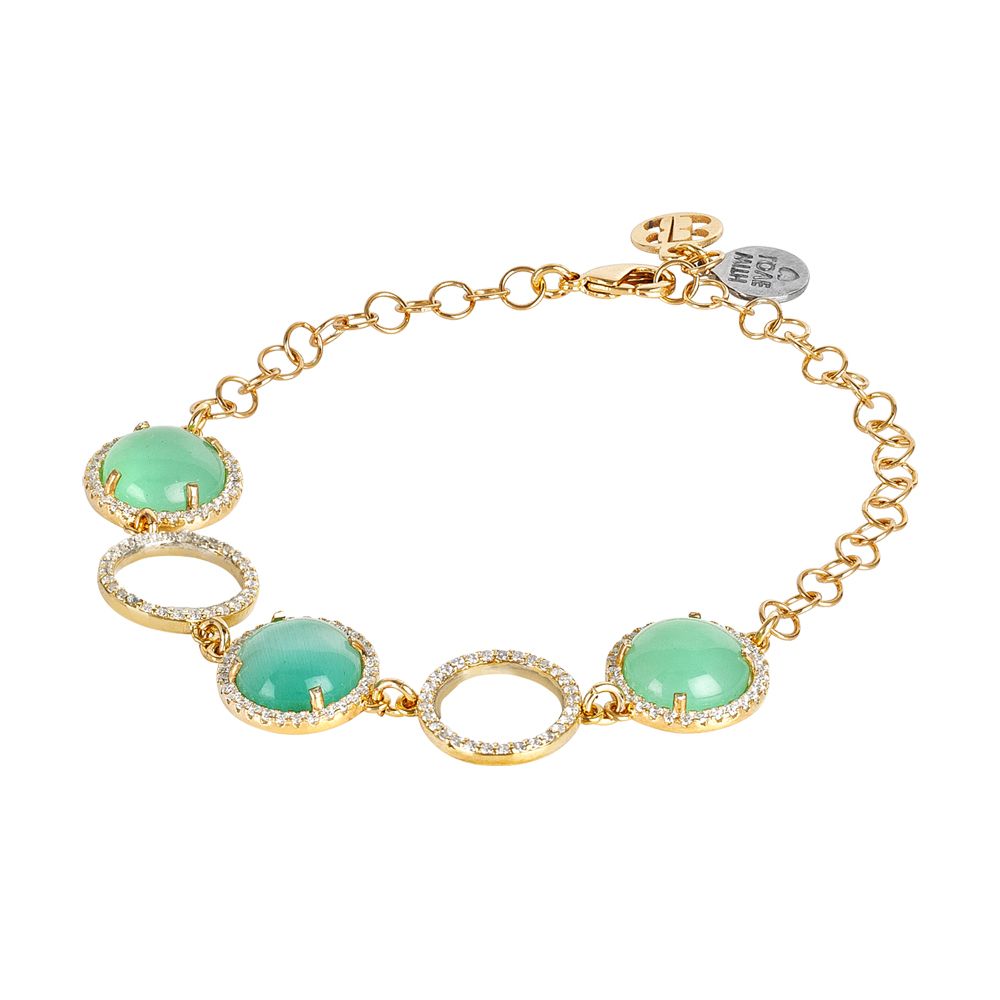 Bracciale con elementi di zirconi e cabochon verde acqua  gatteggiante Default Title