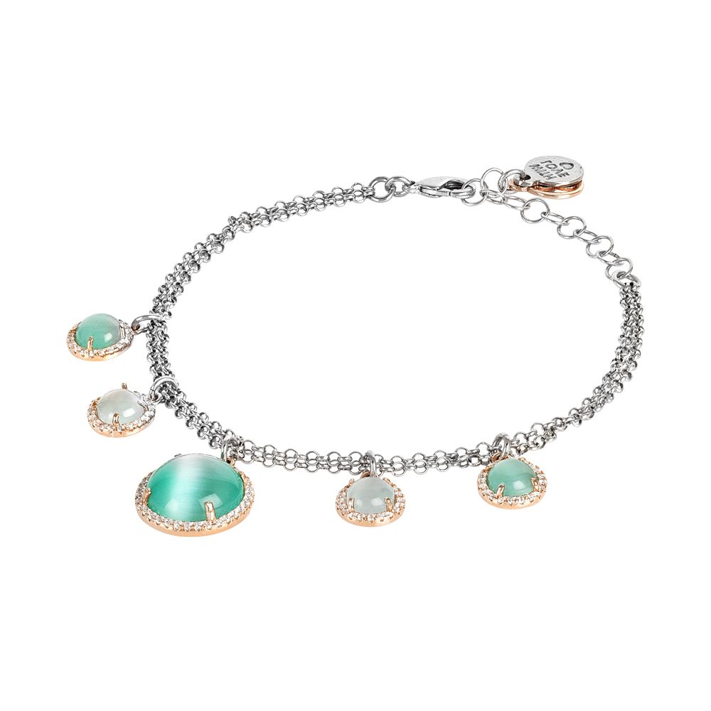 Bracciale doppio filo con cabochon pendenti celeste chiaro e celeste gatteggiante e zirconi Default Title