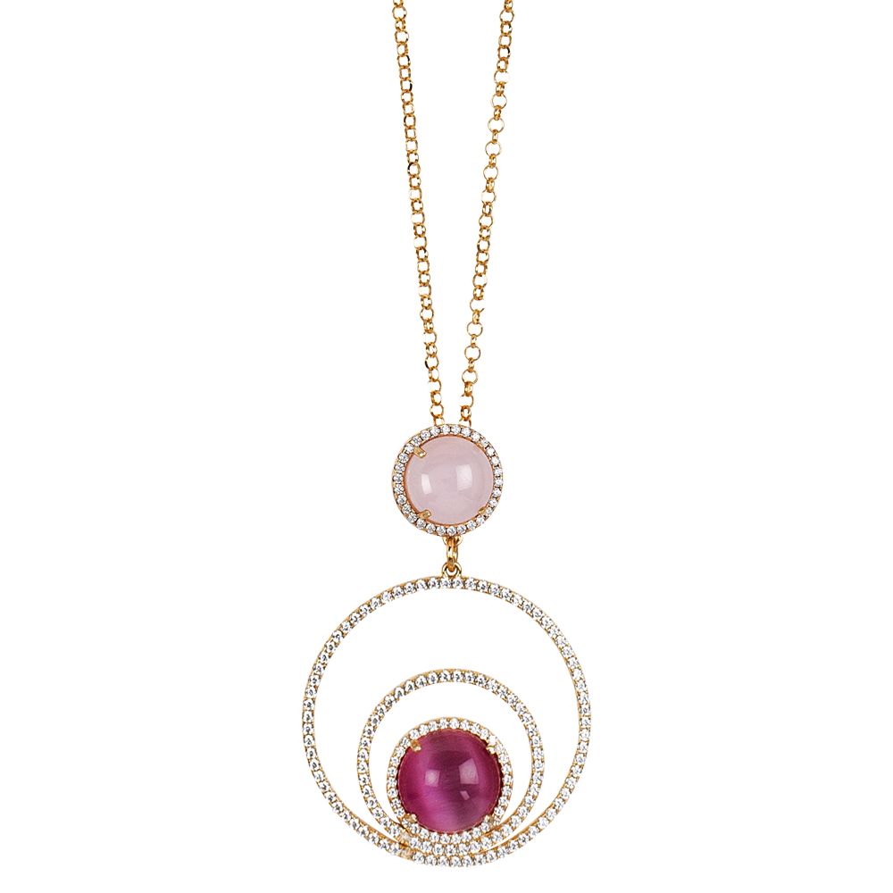 Collana lunga con cerchi concentrici di zirconi e cabochon rosa chiaro e fucsia gatteggiante Default Title