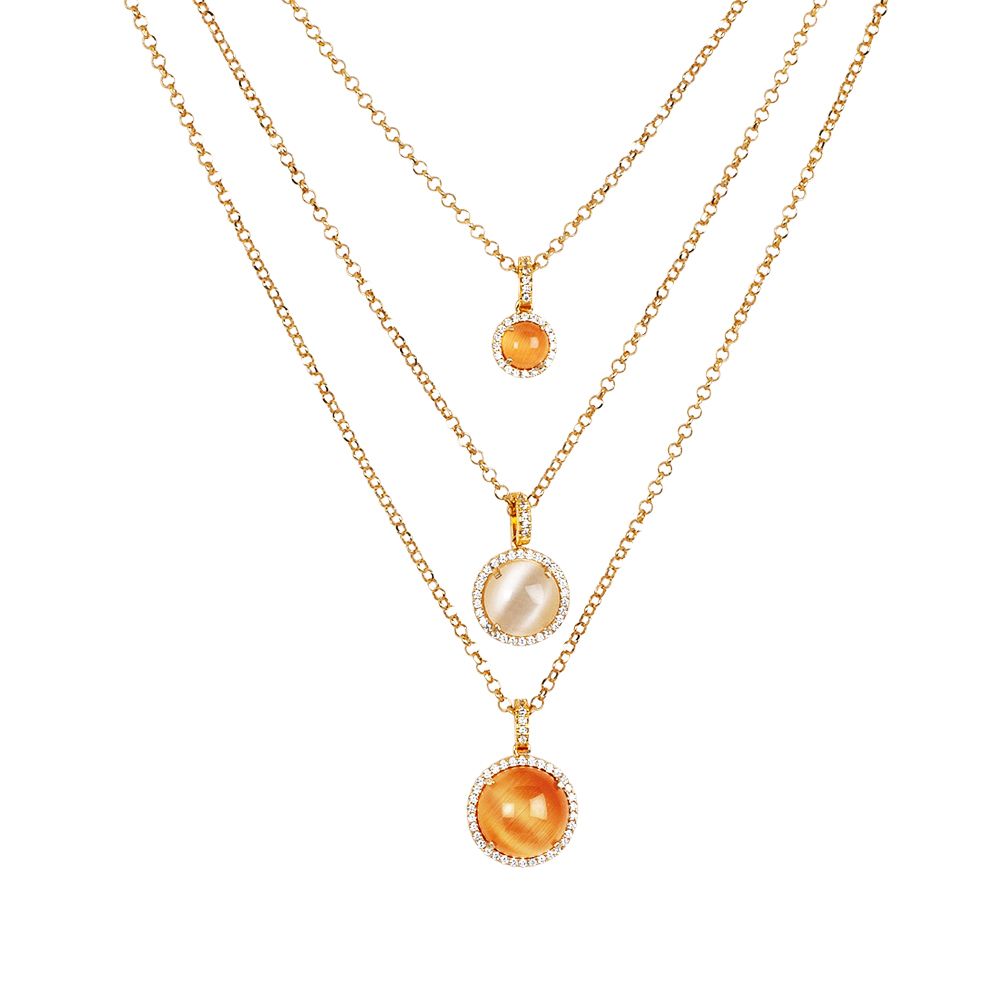 Collana multifilo con zirconi e cabochon arancione  gatteggiante e beige Default Title